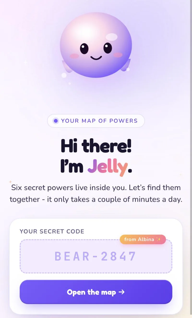 The Child Potential 360 start screen, where Jelly says hello